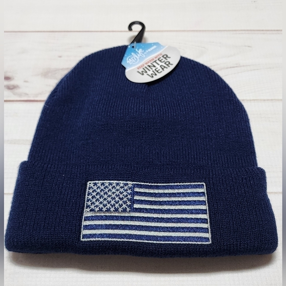 24/7 Life Winter Wear Navy Flag Beanie - New With Tags